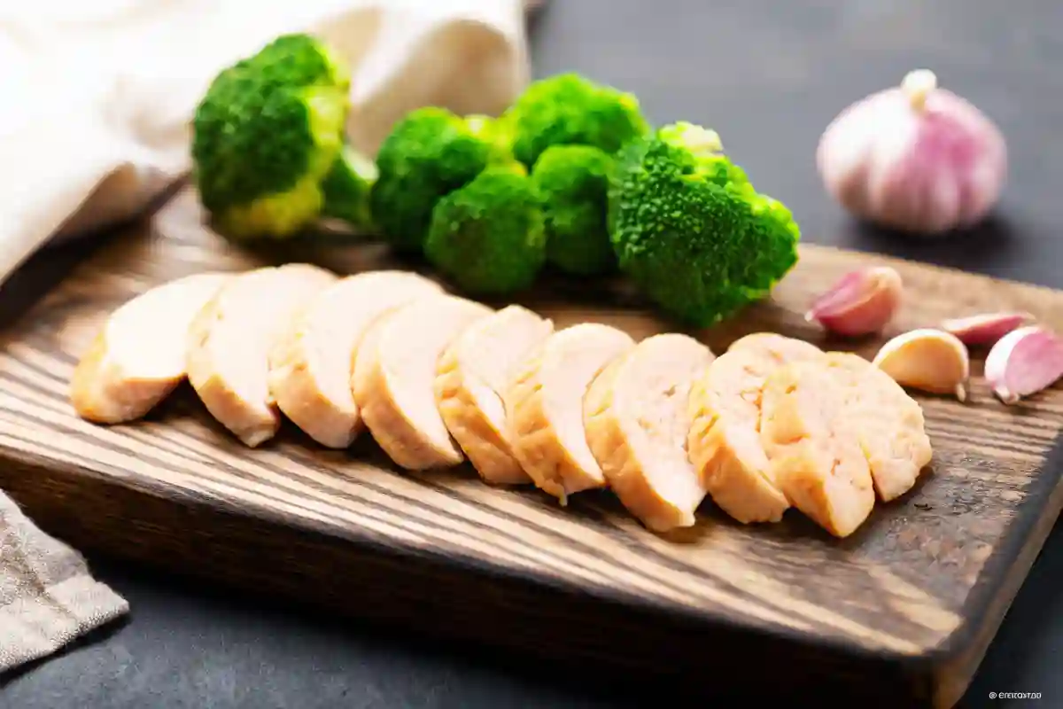Fresh Ingredients for Chicken Divan Raw chicken breasts, fresh broccoli florets, and garlic on a wooden cutting board, illuminated by soft natural light.