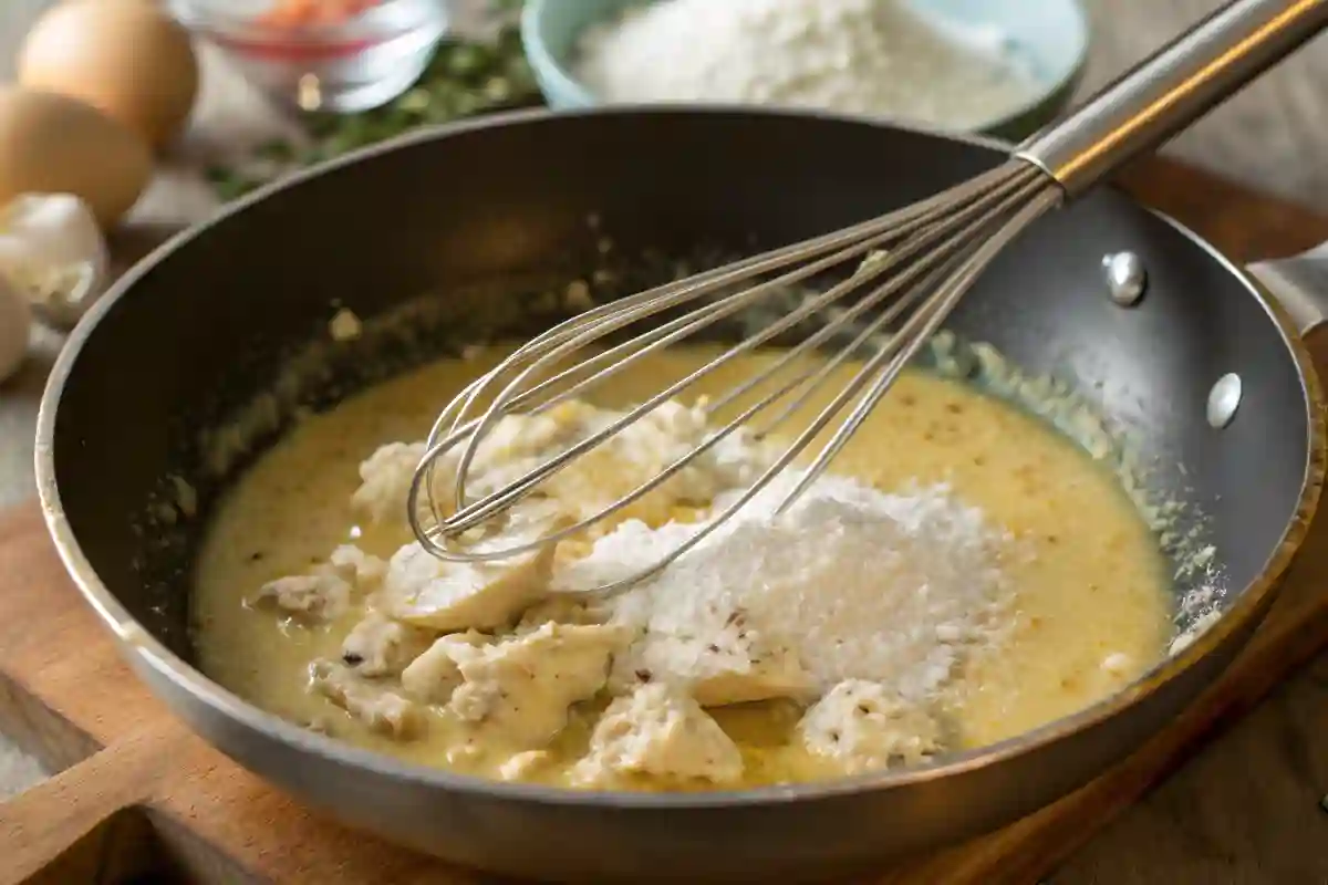 Creating the Creamy Sauce for Chicken Divan skillet with melted butter, garlic, and flour, creating the creamy sauce for Chicken Divan, with soft lighting.