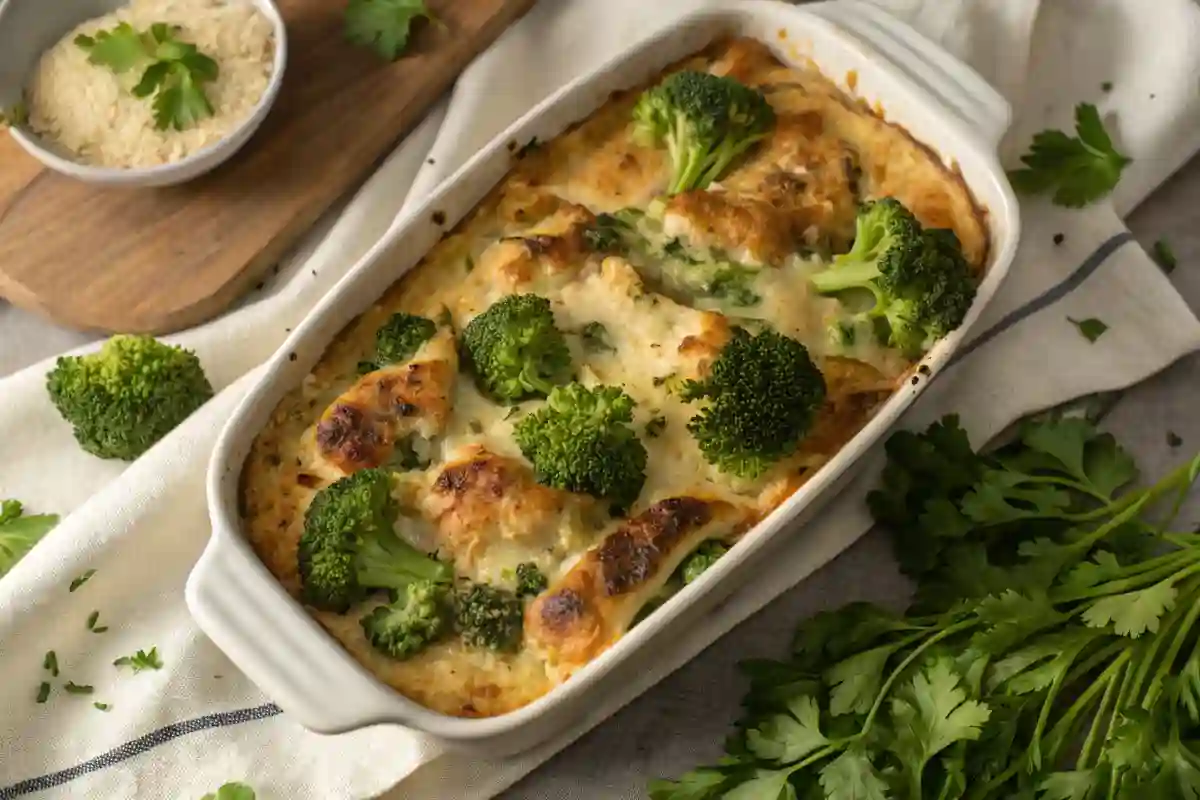 Golden and Bubbly Chicken Divan with Sherry and Parmesan Baked Chicken Divan with Sherry and Parmesan, golden and bubbly with a crispy crust and tender broccoli, garnished with fresh parsley.