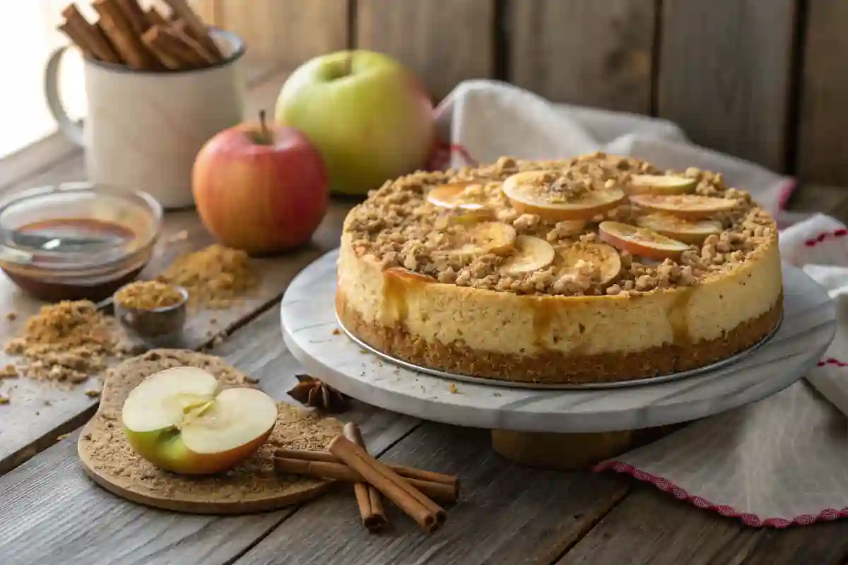 Apple Crumble Cheesecake Close-Up Apple crumble cheesecake on a wooden table with caramel drizzle.