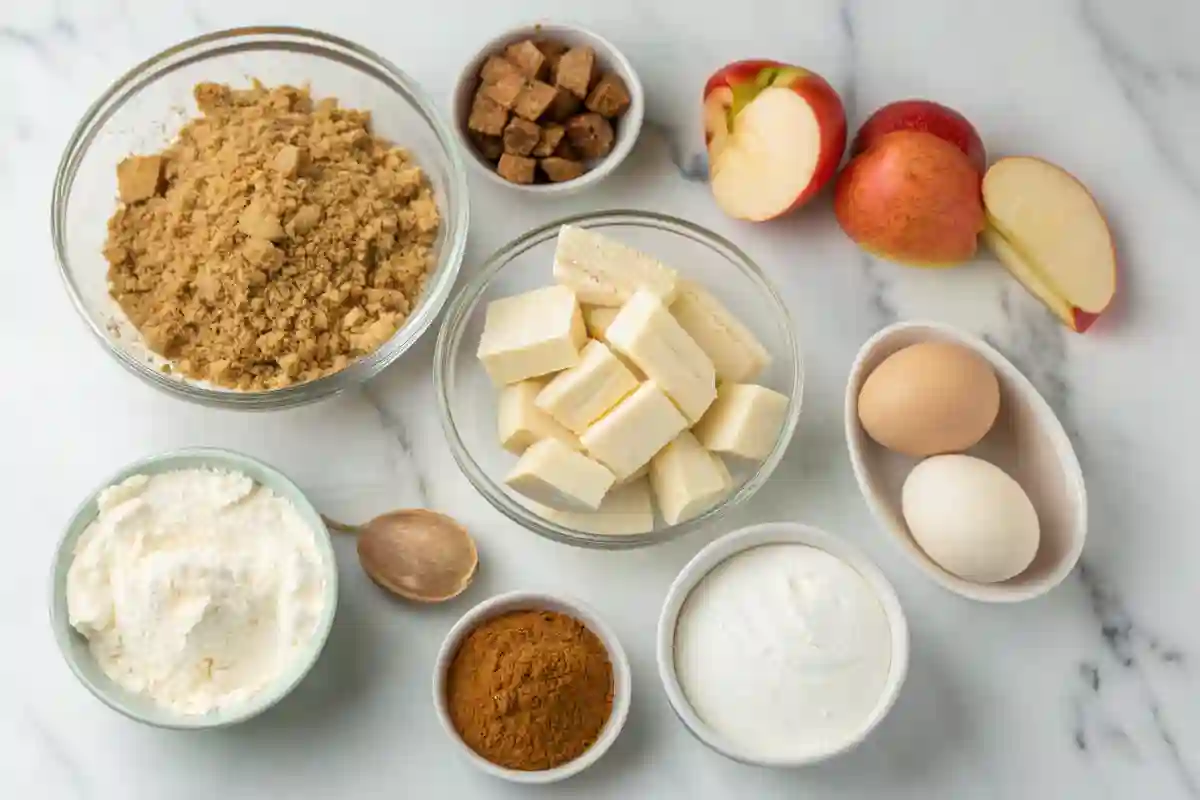 Apple Crumble Cheesecake Ingredients Ingredients for apple crumble cheesecake on a marble countertop.