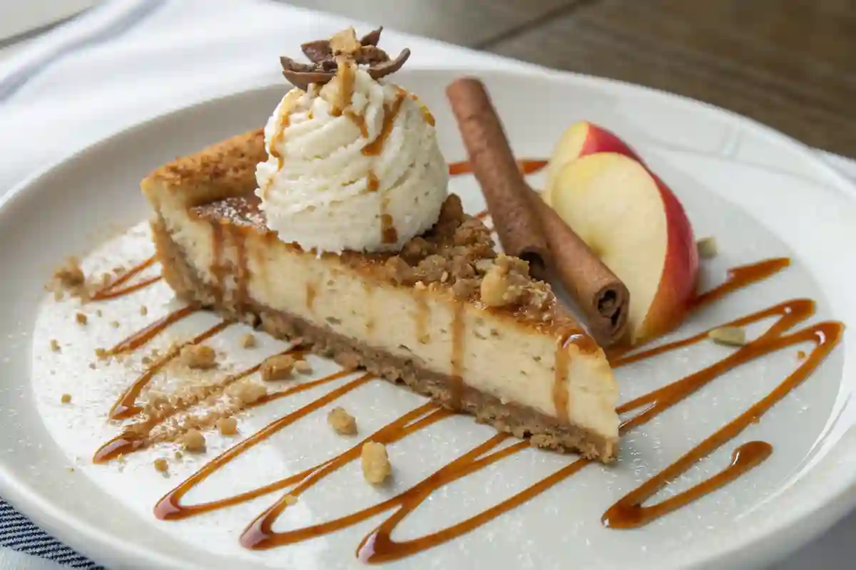 Apple Crumble Cheesecake Slice slice of apple crumble cheesecake with whipped cream and caramel sauce.