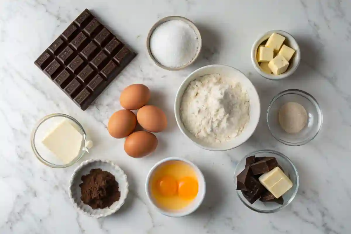 Chocolate Cloud Cake Ingredients Ingredients for chocolate cloud cake, including dark chocolate, eggs, butter, and flour, displayed on a white marble surface.