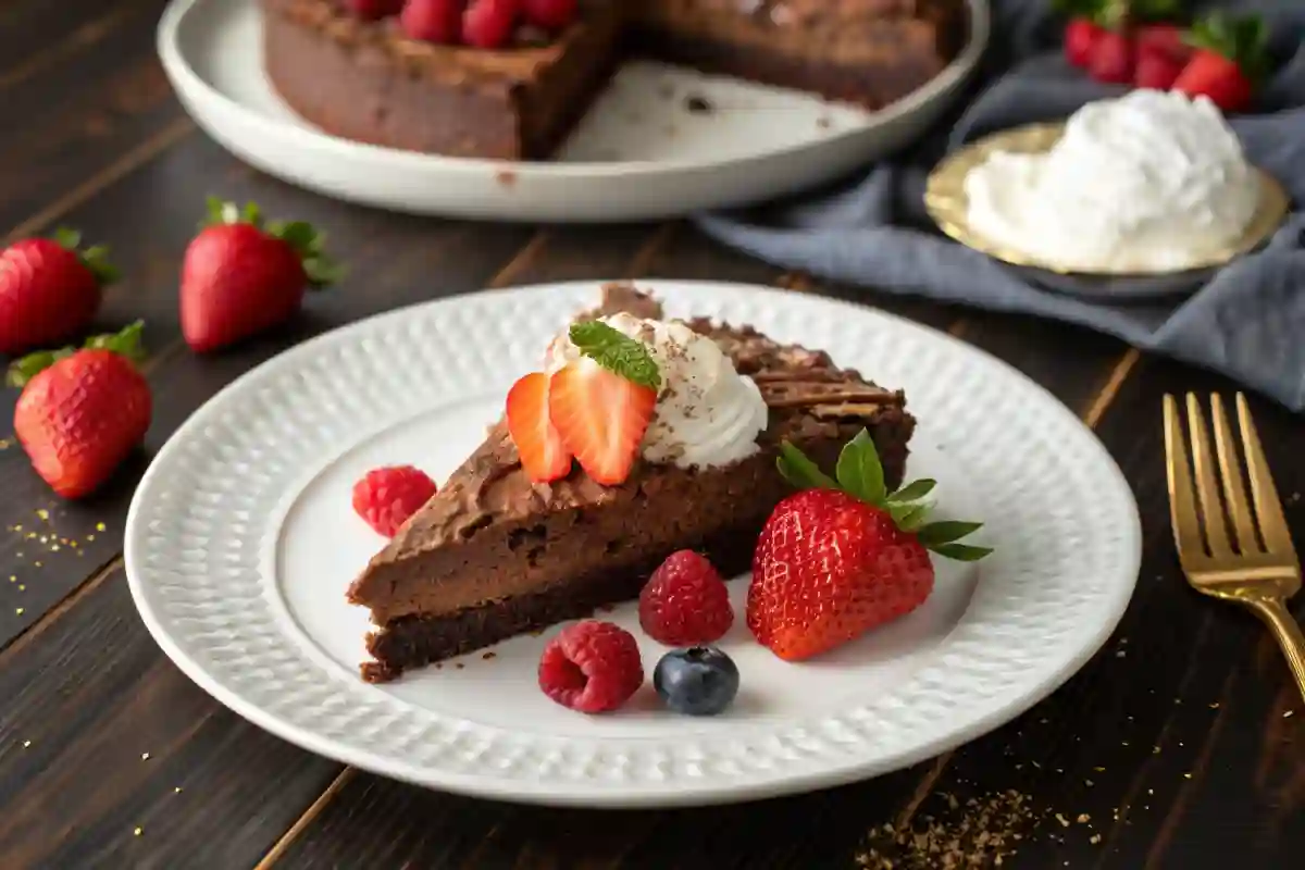 Chocolate Cloud Cake with Berries slice of chocolate cloud cake garnished with fresh berries and whipped cream on a white plate.