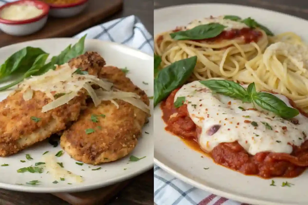 Side-by-side image of Parmesan Crusted Chicken and Chicken Parmigiana.