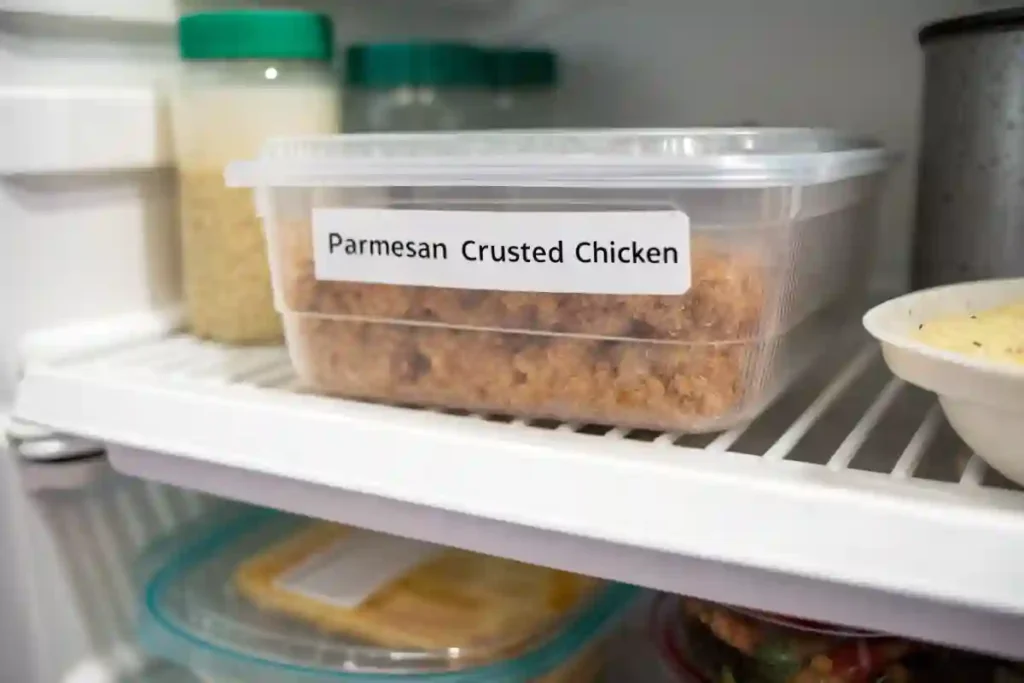 storage container with Parmesan Crusted Chicken in a fridge.