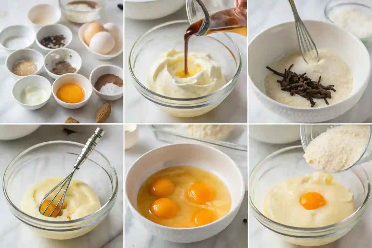 Ingredients for Pot de Crème Close-up shots of Pot de Crème ingredients like eggs, cream, and vanilla pods.