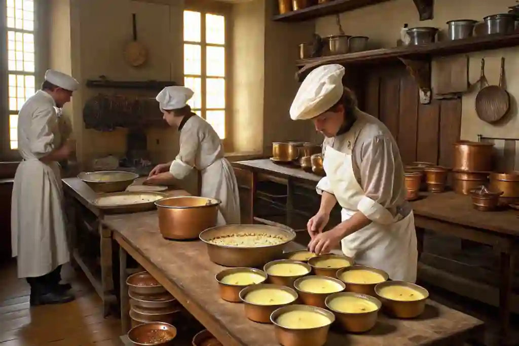 Vintage French Pastry Kitchen Vintage French pastry kitchen with chefs preparing custard desserts