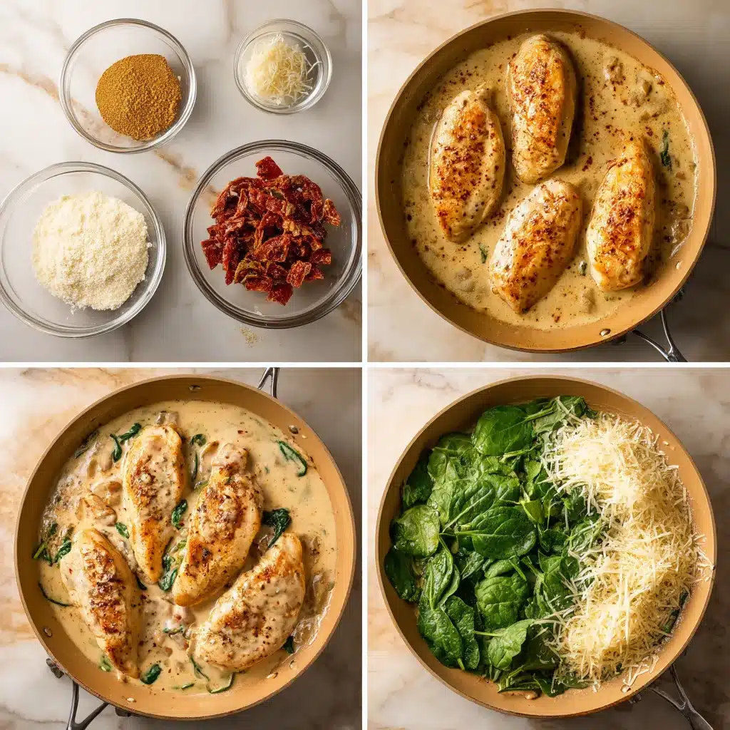 Rich and creamy slow cooker Tuscan chicken topped with spinach and sun-dried tomatoes.